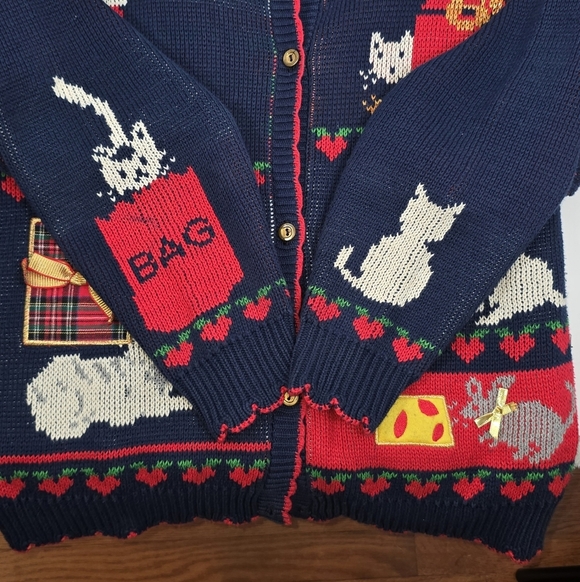 Vintage 90s Ugly Christmas Instarsia Knit Cat Cardigan Sweater Granny Festive L - Picture 7 of 16